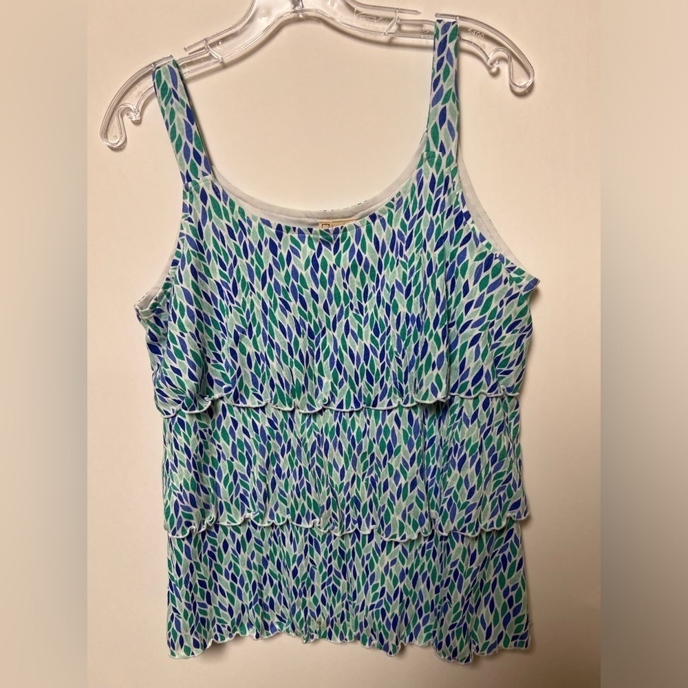 SUSAN LAWRENCE THREE LAYERED RUFFLED TANK TOP  SIZE L.  BLUE AND GREEN COLORS.